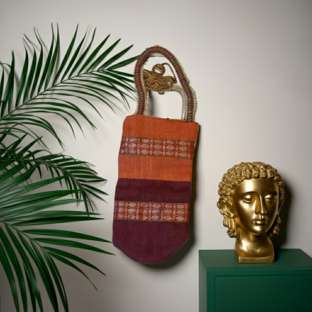 Vintage Jute Wine Bag | Boho Embroidered Bottle Tote | Eco Hostess Gift | Single Wine Carrier