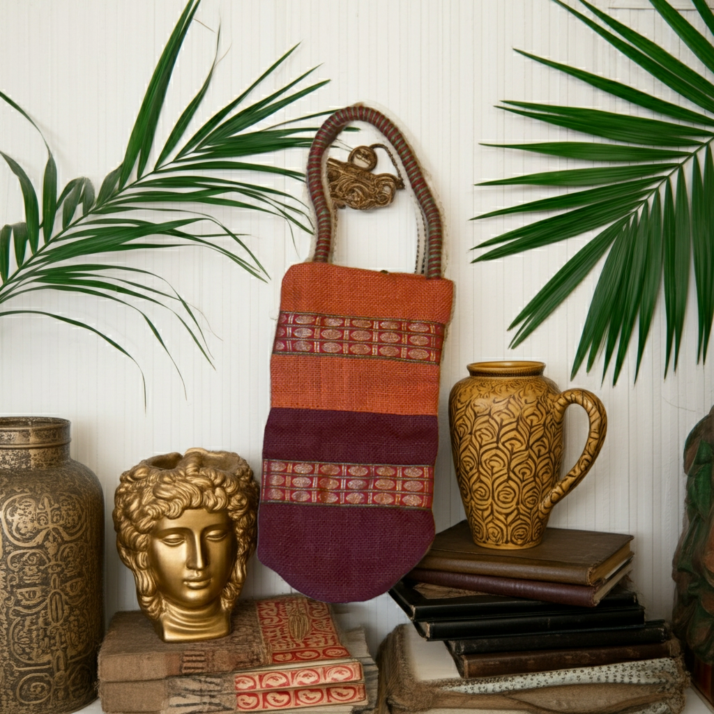 Vintage Jute Wine Bag | Boho Embroidered Bottle Tote | Eco Hostess Gift | Single Wine Carrier
