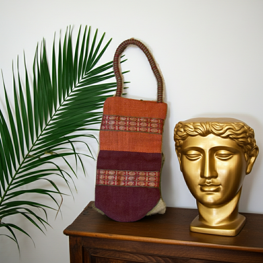 Vintage Jute Wine Bag | Boho Embroidered Bottle Tote | Eco Hostess Gift | Single Wine Carrier